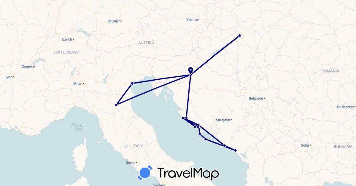 TravelMap itinerary: driving in Croatia, Hungary, Italy, Montenegro (Europe)
